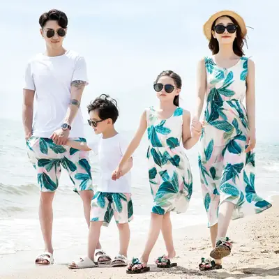 2023 Summer Family Beach Suit Green Leaf Print