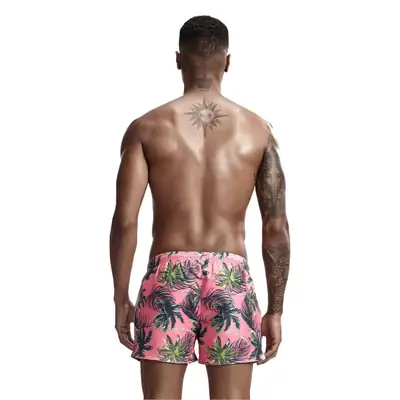 Men's Pink Palm Print Beach Shorts Loose Fit Quick Dry