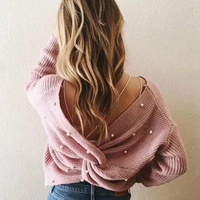 2025 Women's V Neck Pearl Back Sweater Top