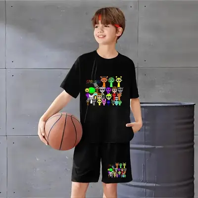 Kids Cartoon Print Short Sleeve Knitted Suit Black