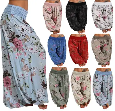 2020 Floral Print Long Wide Leg Pants Casual Harem
