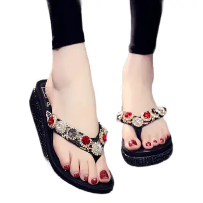 Women Rhinestone Flip Flops Mid-heel Thick Sandals