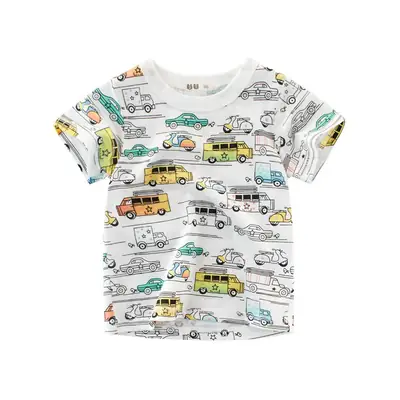 Kids Car Print T-Shirt White Short Sleeve Summer 2024