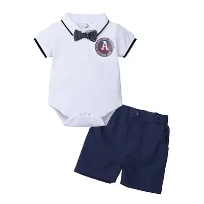 Baby Boys Cotton Lapel Top Shorts Set Navy Beige Bow Tie