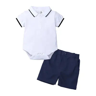 Baby White Cotton Lapel Shorts Suit One-Piece Korean Style