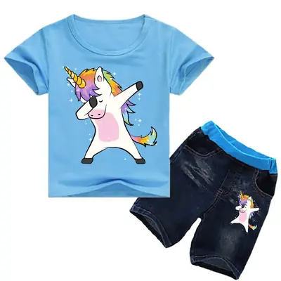 Children's Unicorn Printed T-Shirt & Jeans Set Blue