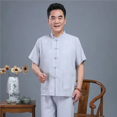 Men Linen Tang Suit White Short Sleeve Hanfu