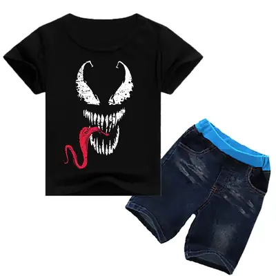 Children's Black Venom Print T-Shirt & Jeans Set