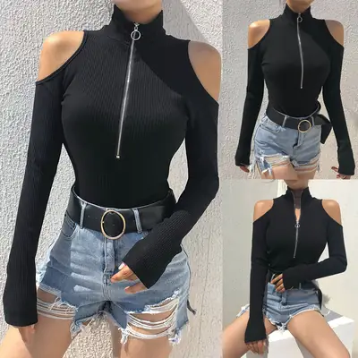 Black Cold Shoulder Zipper T-Shirt for Women