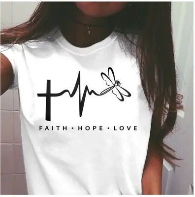 Women Faith Hope Love T-Shirt White Butterfly Design