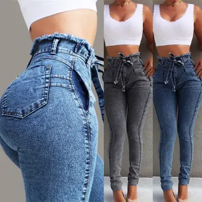 2019 Hot Women Slim Fit Jeans with Elastic Tassel Belt