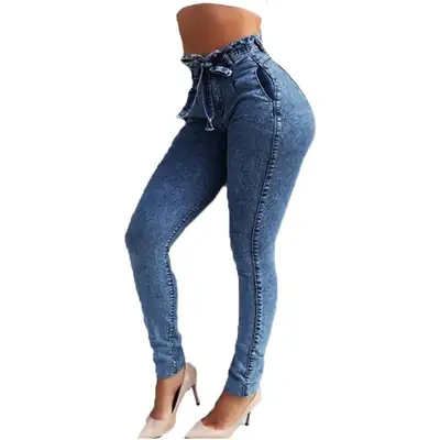 Women Slim Fit Jeans with Tassel Belt High Waist
