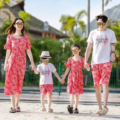 2022 New Summer Family Beach Suit Red Floral 3-4Pcs