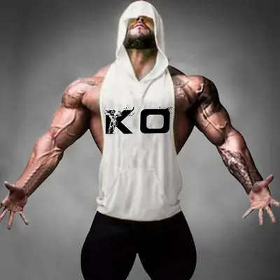 Men's Red Hooded Cotton Fitness Vest with Large Slit