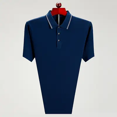 Men Navy Blue Polo Shirt Short Sleeve Middle Age