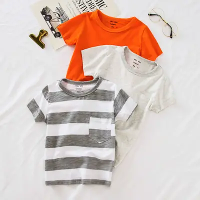 2023 Boys Striped Cotton T-Shirt Orange Grey