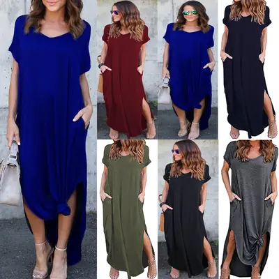 Maroon V-Neck Split Dress for Women Summer