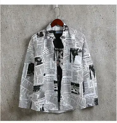 Men's Slim Fit Newspaper Printed Long Sleeve Shirt