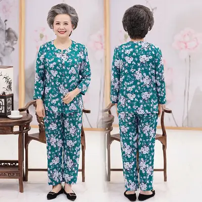 Elderly Pajama Set Cotton Silk Long Sleeve Grandma Large