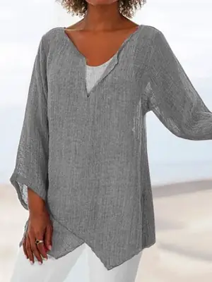 Women's Grey Collar Split Long Sleeve Top Cotton Linen
