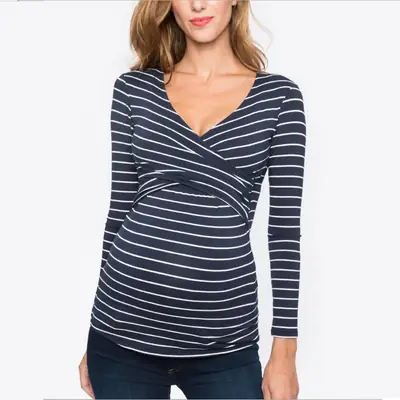 Pregnant Women V-Neck Striped T-Shirt Long Sleeve