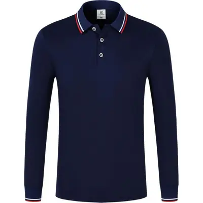 Men Navy Blue Polo Shirt Long Sleeve Lapel Cotton Polyester