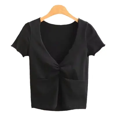 Women Black Pleated V Neck T-Shirt Low Cut Slim Fit