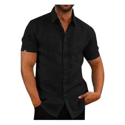 Men Linen Button Shirt Black Short Sleeve Summer