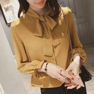 White Bow Long Sleeve Chiffon Shirt for Women