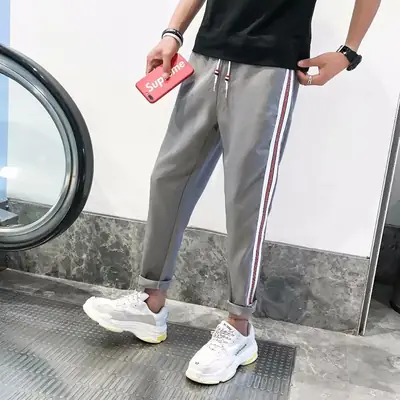 Men Grey Striped Thin Sports Pants Casual Summer Wear