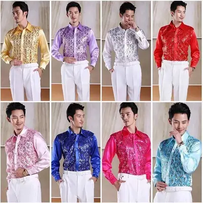 Men's White Chorus Sequin Shirt Middle Age Elderly Art Evening Red Song Dance Performance Stage Costume
