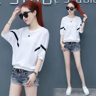 Korean Style White Red Striped T-Shirt for Women