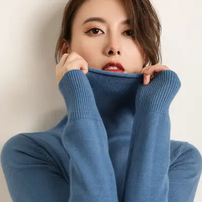 Women's White Pile Turtleneck Sweater Winter Warm Slim Fit