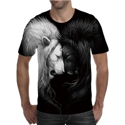 Men Printed Yin Yang Lion T-Shirt Black
