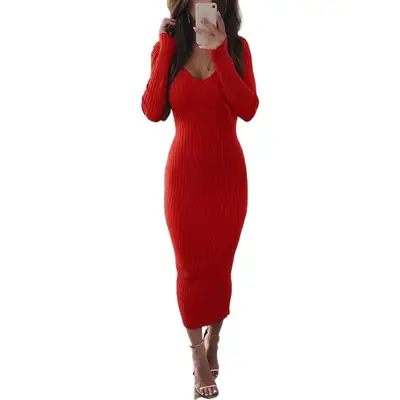 Red Long Sleeve V-Neck Dress for Women Large