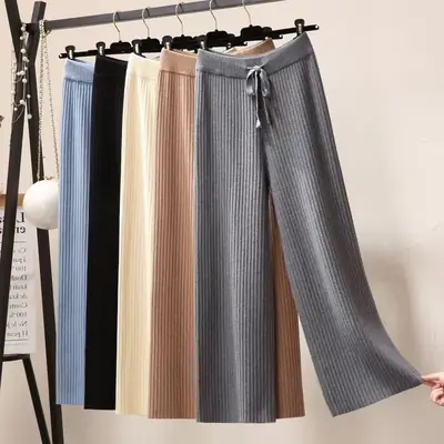 Women Black Knitted Wide Leg Pants Winter Autumn