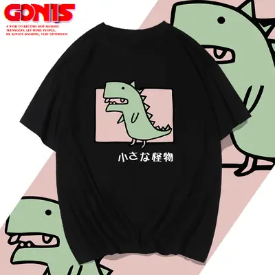 Men Women T-Shirt White Dinosaur Print Summer Loose Cotton