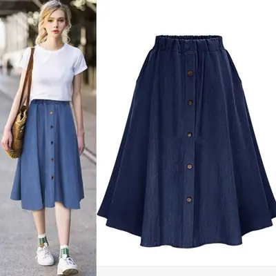 Women Denim A-Line Button Skirt Blue Summer