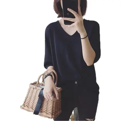 Women V-neck Loose Pullover T-Shirt Brown Mid Sleeve Casual Top