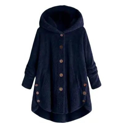 Women's Button Plush Hooded Coat Brown Winter