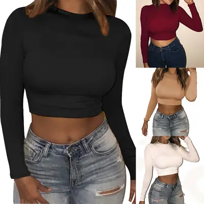 Women's Brown Long Sleeve Crop Top with V-Neck & High Waist Jeans