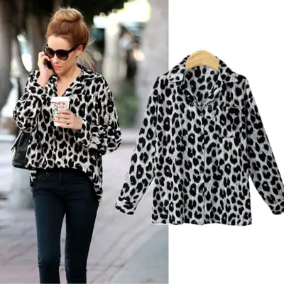 Leopard Print Long Sleeve Women's Polo Collar Shirt