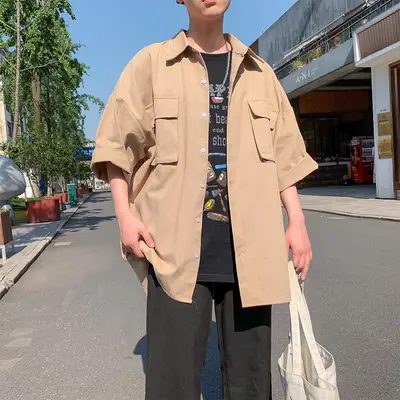 Men's Half-Sleeved Pocket Shirt Grey Korean Style