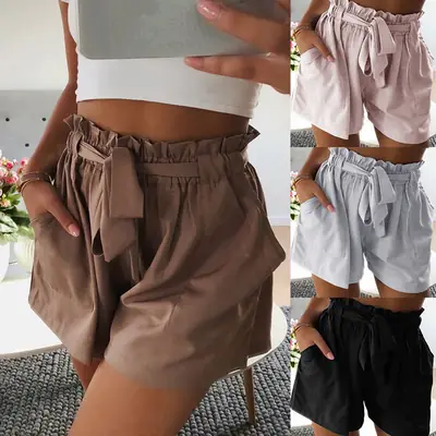 2021 Women's Elastic Waist Casual Shorts Black White
