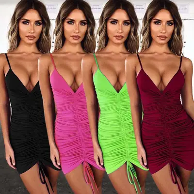 Green Stretchy V-Neck Bodycon Dress with Drawstring Strap