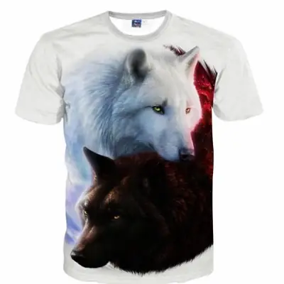 2019 Wolf Print T-Shirt Men White Black Digital Fashion
