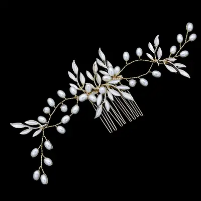 Bridal Hair Comb with Pearl Leaf Design Gold Plated