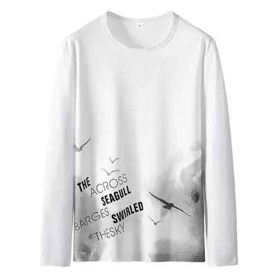 Men's White Printed Long Sleeve T-Shirt Korean Style
