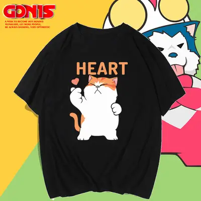 Men Women Cartoon Cat Heart Print T-Shirt Black