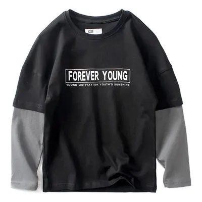 2026 Korean Style Boys Long Sleeve T-Shirt Grey Black Cotton